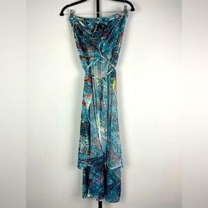 S-12 Multicolored Sheer Strapless Flowy Tie Front Bejeweled Swim Cover Up Dress